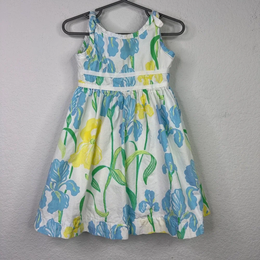 Lilly Pulitzer Bloomin Irises Dress Kid 2T Blue Yellow Floral Sleeveless Coastal
